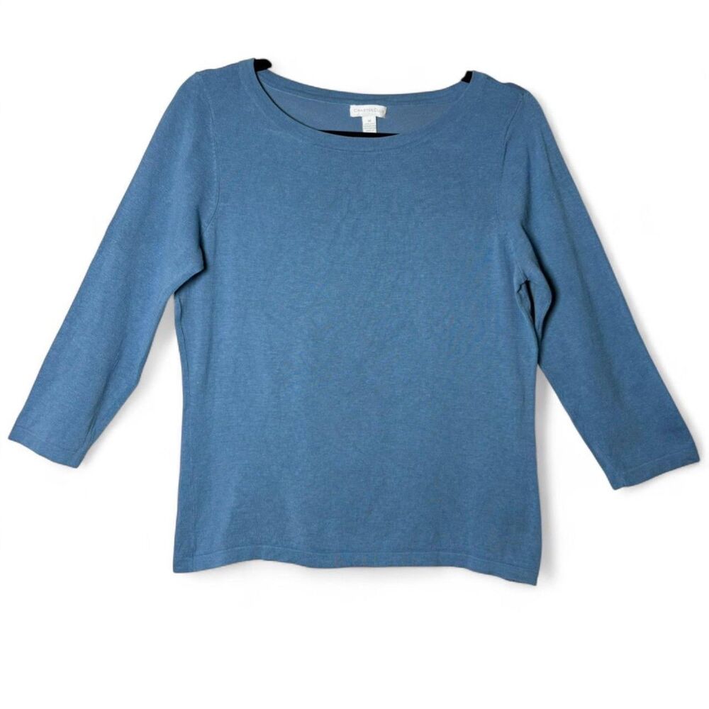 VTG Blue Teal Silk Blend 3/4 Sleeve Boatneck Top Size M  Ribbed Knit